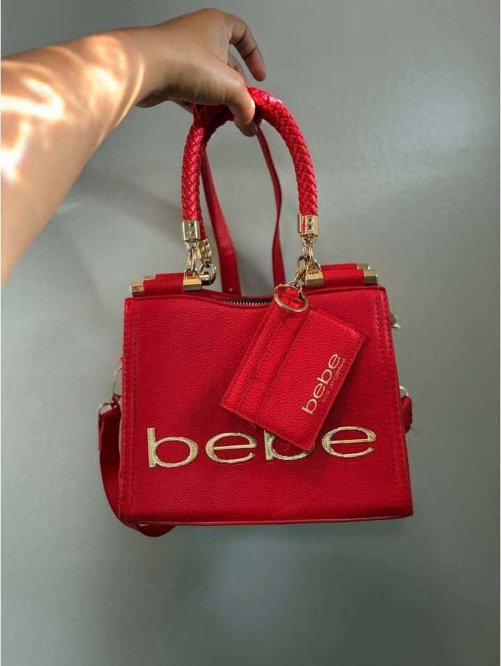 bebe Red Structured Handbag w/ Gold Hardware Braided Handles